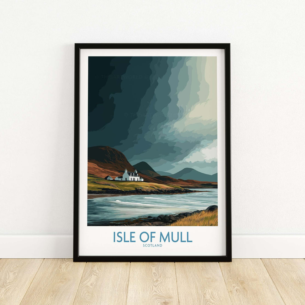 Isle of Mull Scotland dramatic landscape poster showcasing rugged beauty and scenic charm of the wild Scottish island.