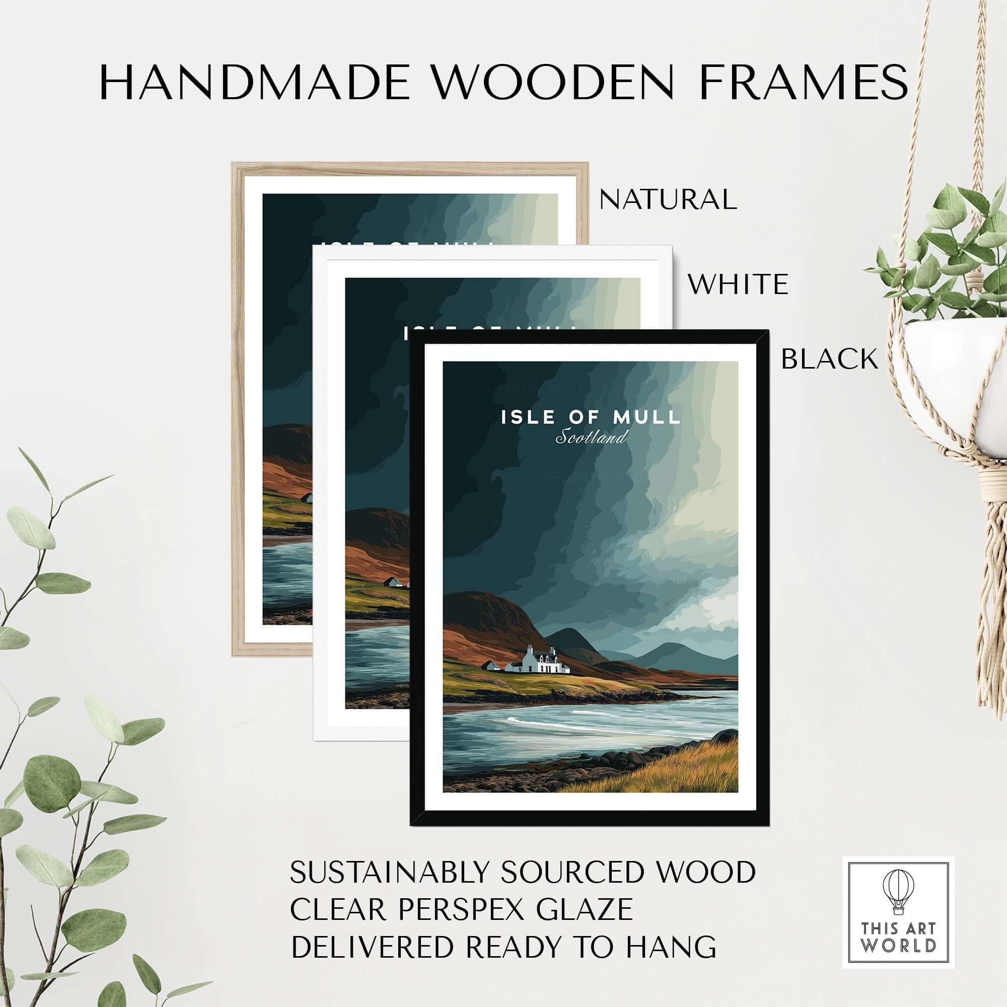 Isle of Mull Scotland Coastal Cottage Print - Scottish Highlands Wall Art displayed in handmade wooden frames.