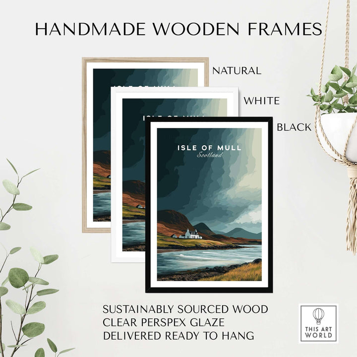 Isle of Mull Coastal Cottage Print framed in natural, white, and black handmade wooden frames with greenery.