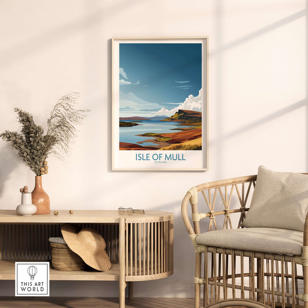 Isle of Mull wall art print showcasing rugged Scottish coastline and serene landscape, perfect for travel enthusiasts.