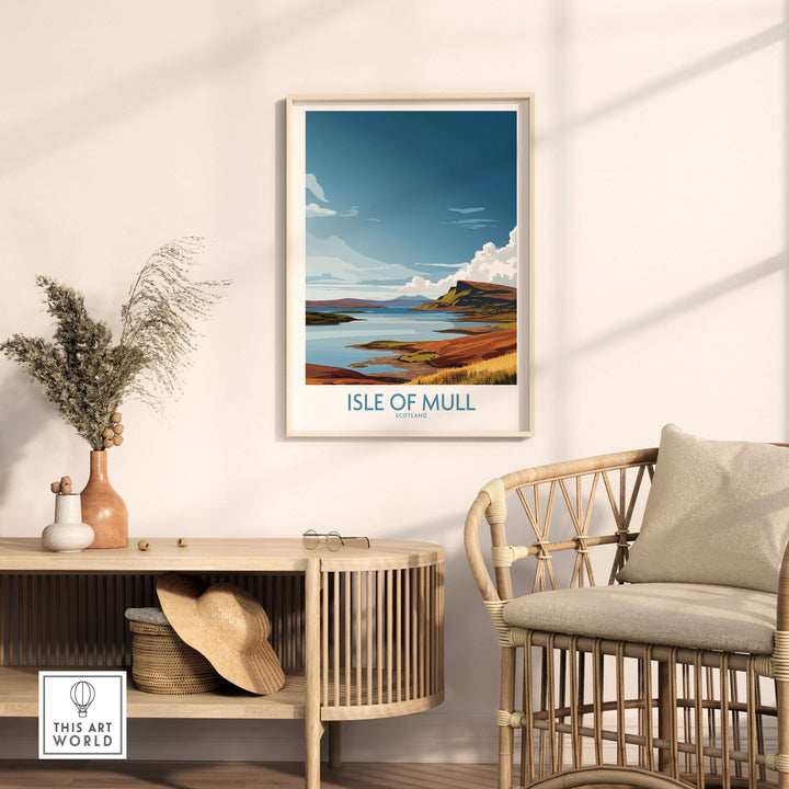Isle of Mull wall art print showcasing rugged Scottish coastline and serene landscape, perfect for travel enthusiasts.