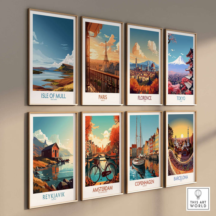 Gallery of travel destination wall art prints including Isle of Mull, Paris, Florence, Tokyo, Reykjavik, Amsterdam, Copenhagen, and Barcelona.