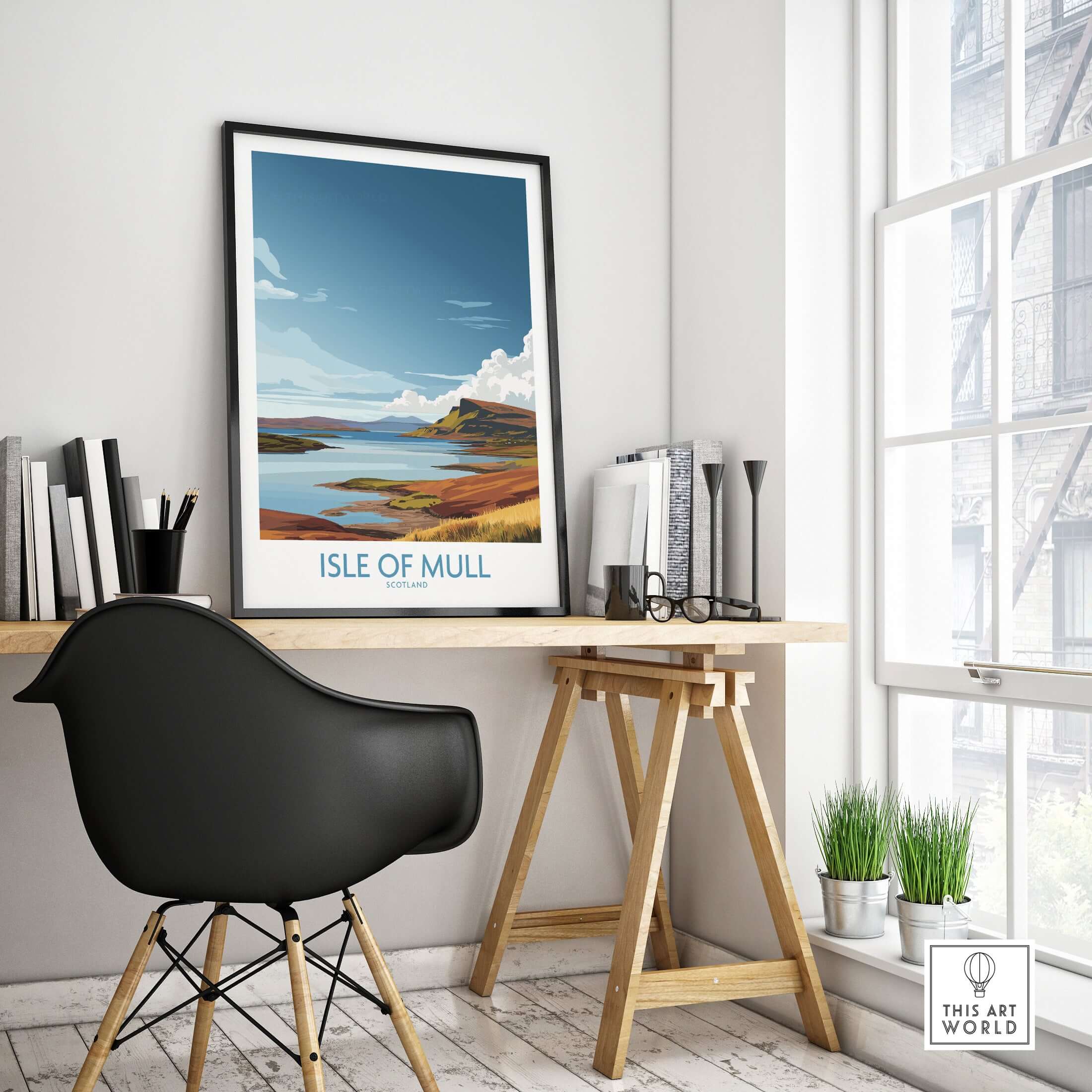 Isle of Mull Scotland Highland Coast Wall Art - Rugged Travel Destination Print displayed in a stylish home office setting.