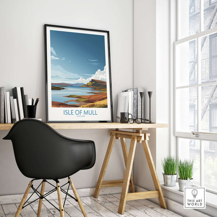 Isle of Mull Scotland Highland Coast wall art displayed in modern workspace with furniture and plants.
