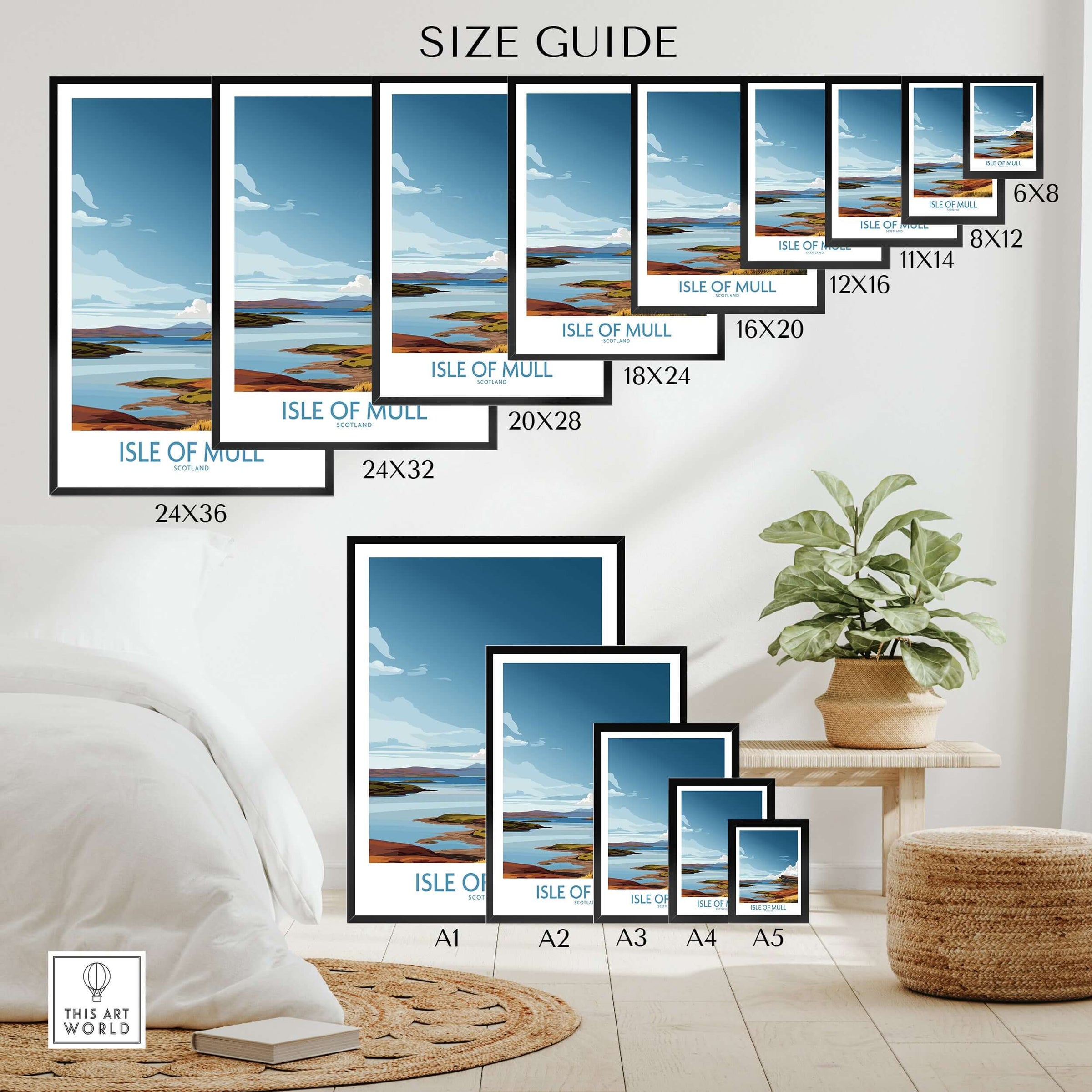 Isle of Mull Scotland Highland Coast Wall Art - Rugged Travel Destination Print size guide in a modern interior setting.
