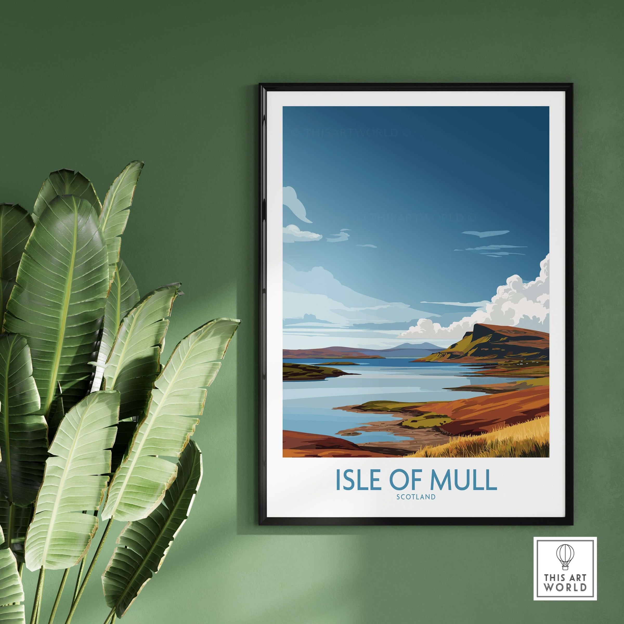 Isle of Mull Scotland Highland Coast Wall Art - Rugged Travel Destination Print framed on a green wall with plants.