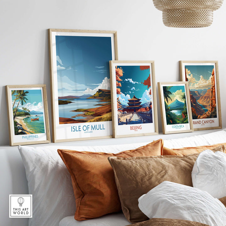 Isle of Mull Highland Coast wall art alongside travel prints of Philippines, Beijing, Costa Rica, and Grand Canyon.