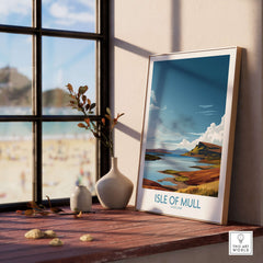 Isle of Mull Scotland Highland Coast Wall Art - Rugged Travel Destination Print displayed in a sunlit interior with beach view.