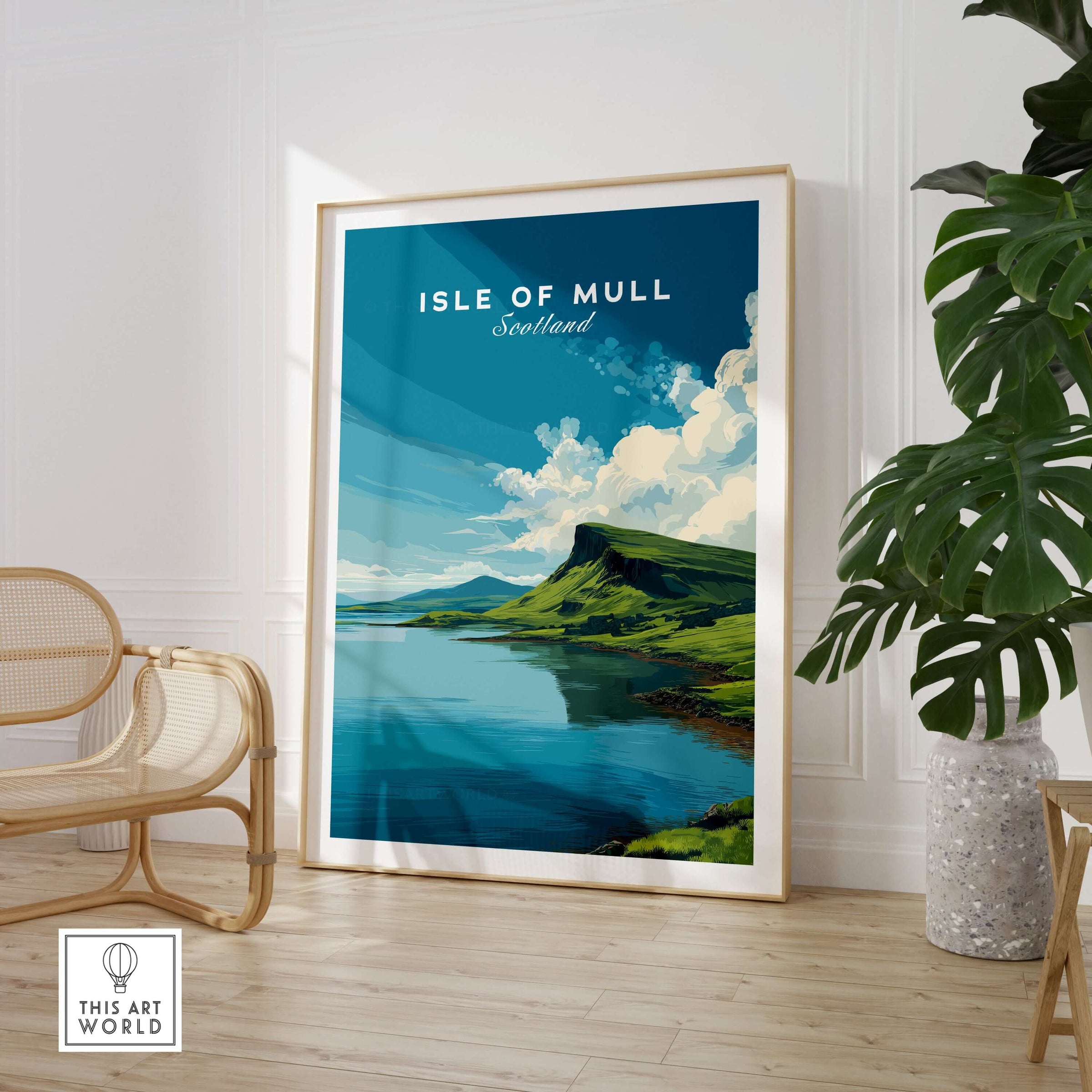 Isle of Mull Scotland Loch & Cliffside Poster - Vibrant Green Landscape Art showcased in a stylish interior setting.