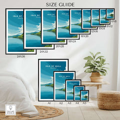 Isle of Mull Scotland Loch & Cliffside Poster - Vibrant Green Landscape Art size guide with various frame sizes