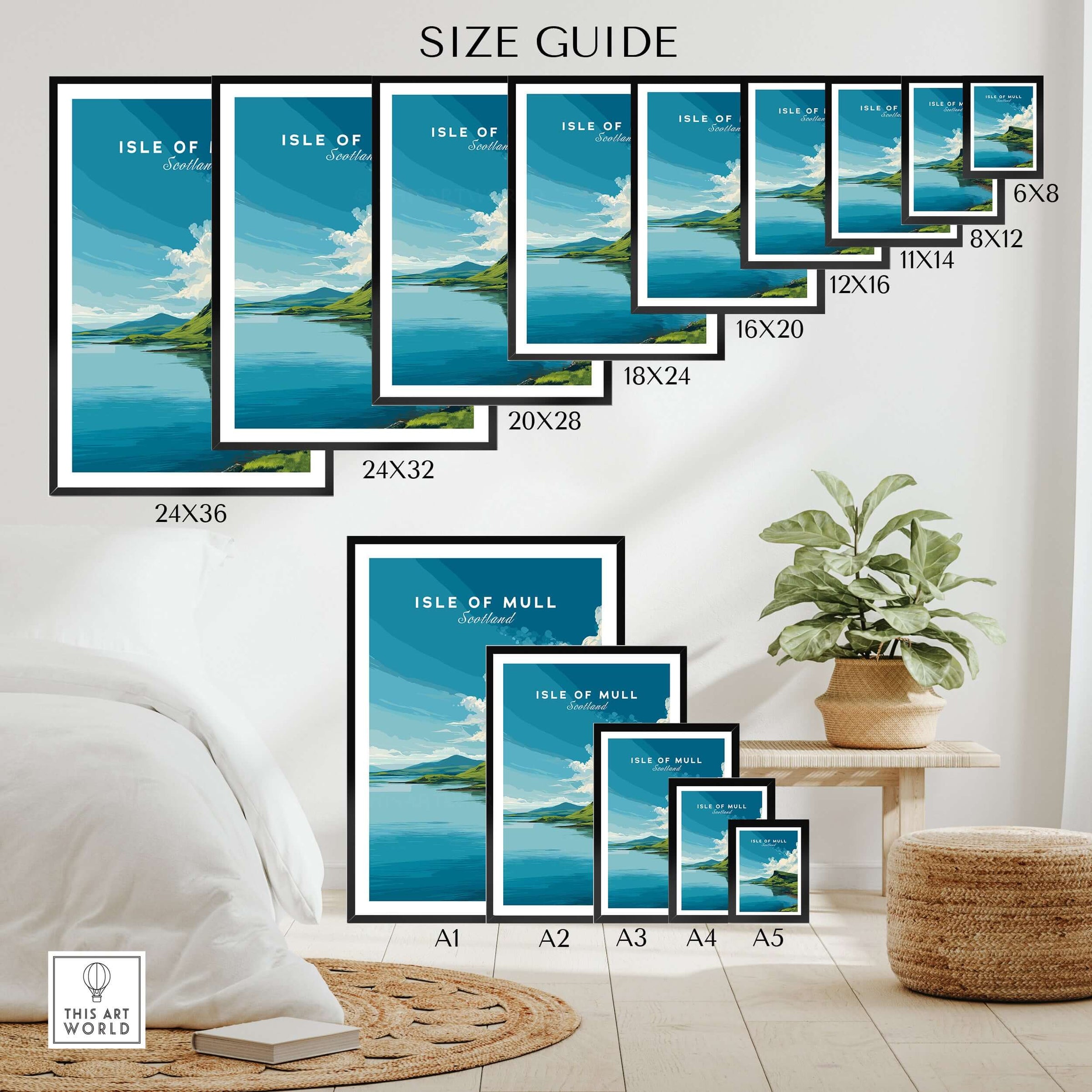 Isle of Mull Scotland Loch & Cliffside Poster - Vibrant Green Landscape Art size guide with various frame sizes