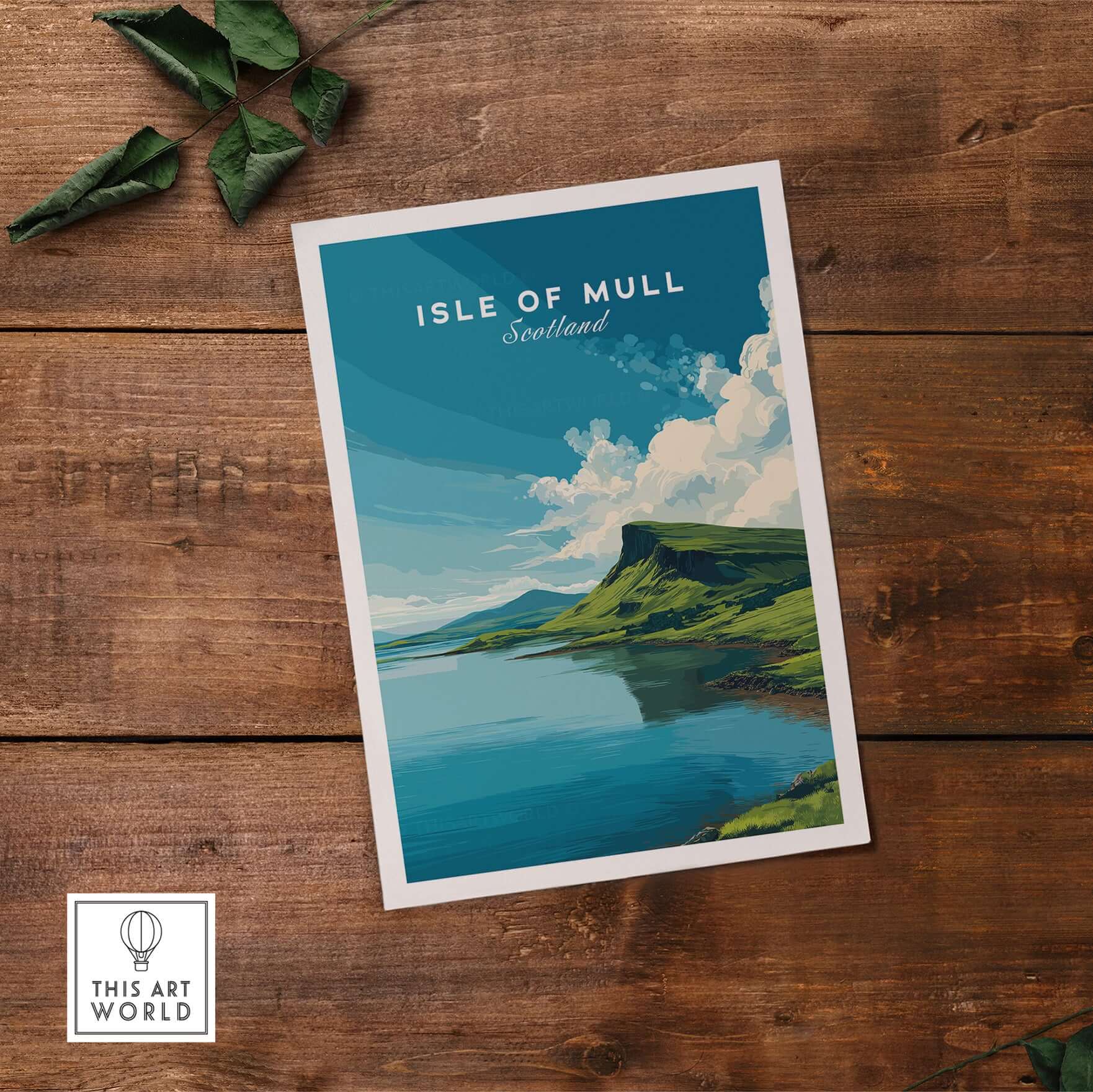 Isle of Mull Scotland Loch & Cliffside Poster - Vibrant Green Landscape Art showcasing stunning views of the cliffs and loch.