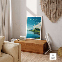 Isle of Mull Scotland Loch & Cliffside Poster - Vibrant Green Landscape Art displayed in a stylish living room.