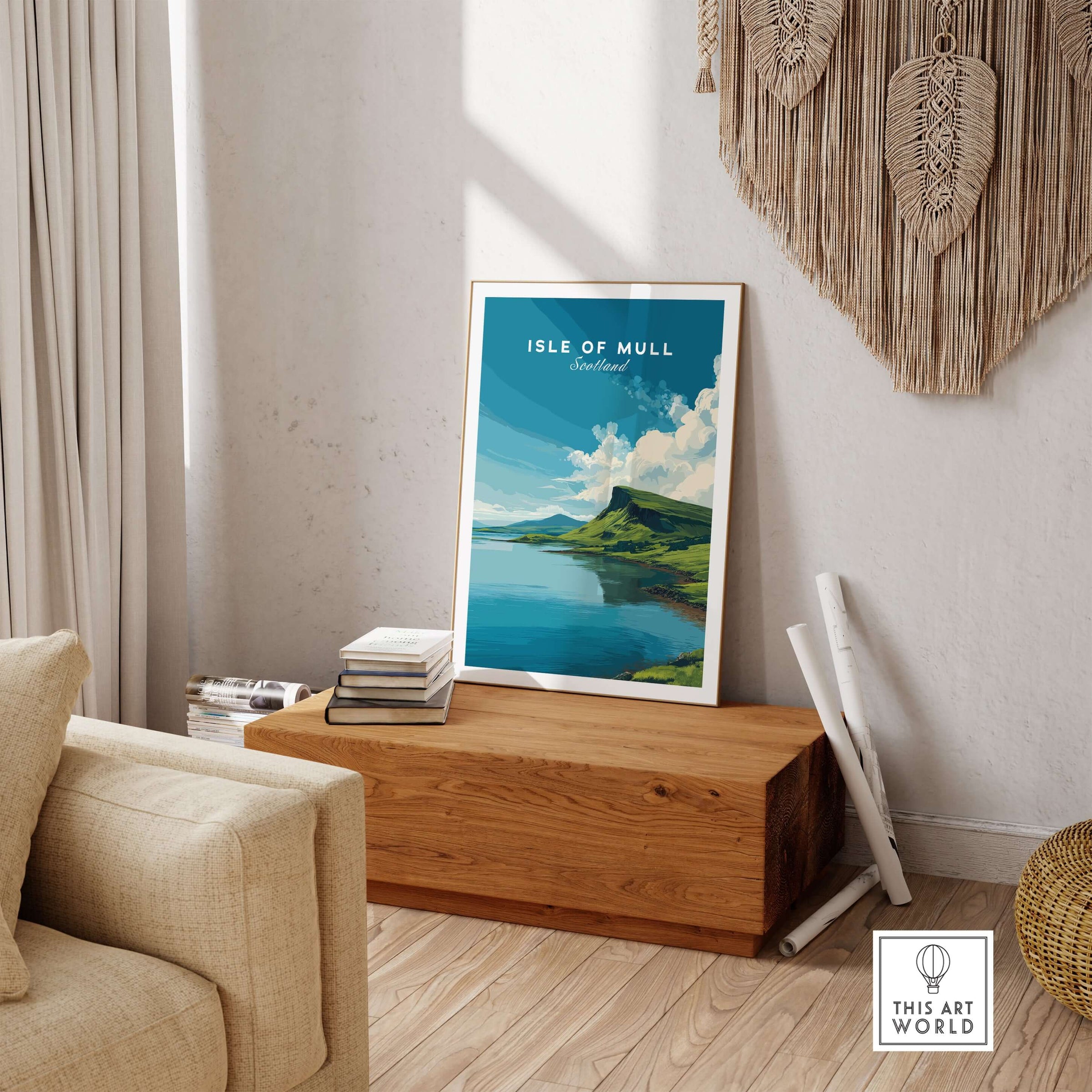 Isle of Mull Scotland Loch & Cliffside Poster - Vibrant Green Landscape Art displayed in a stylish living room.