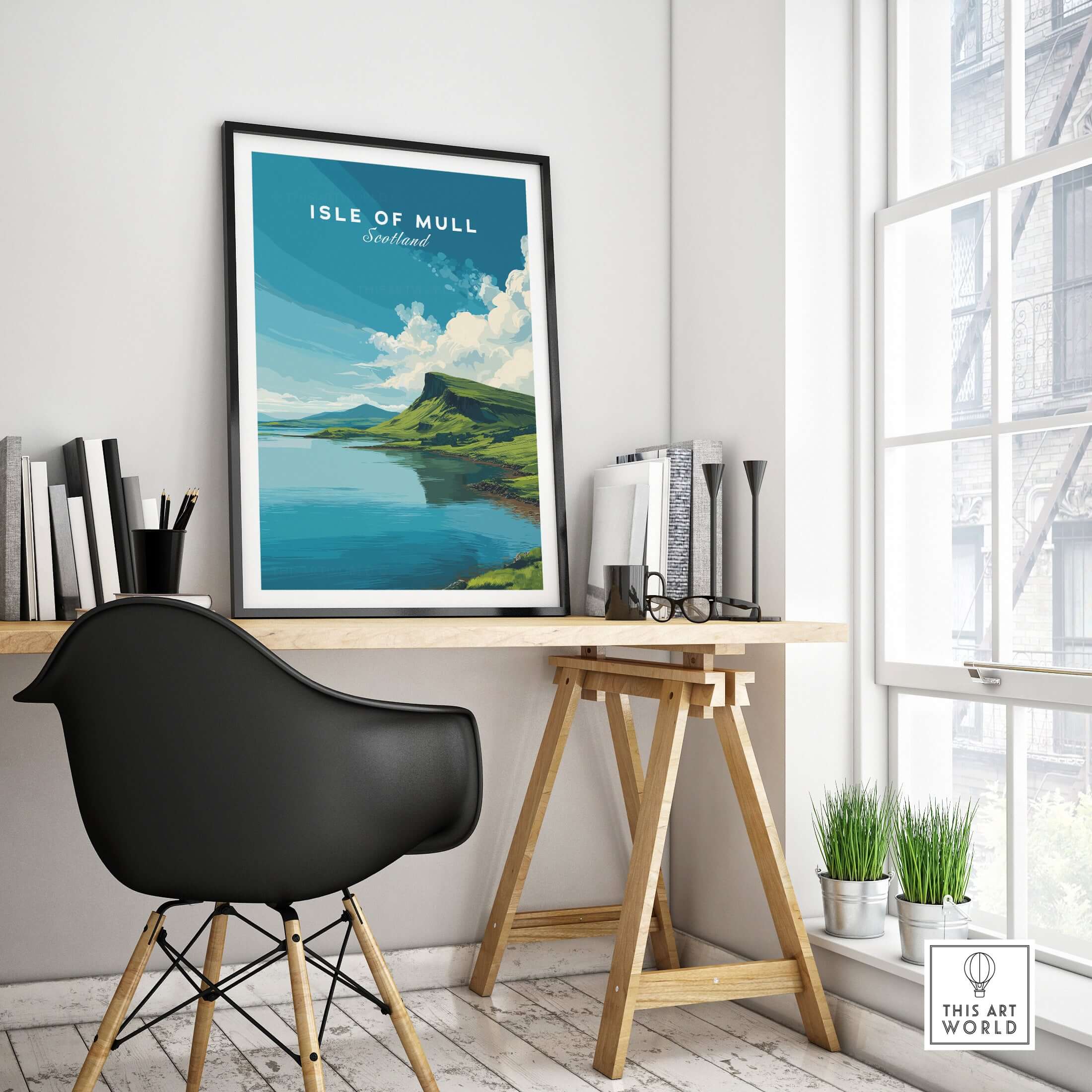 Isle of Mull Scotland Loch & Cliffside Poster - Vibrant Green Landscape Art displayed in a modern office setting.