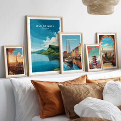 Isle of Mull Scotland Loch & Cliffside Poster - Vibrant Green Landscape Art displayed among other travel posters