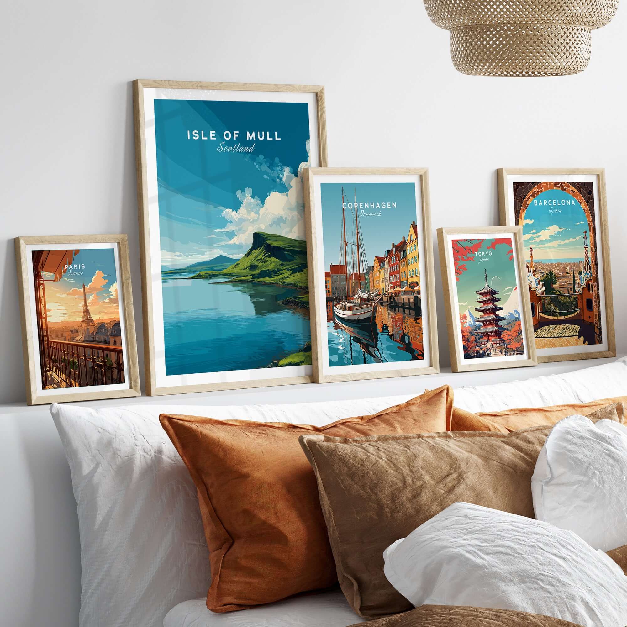 Isle of Mull Scotland Loch & Cliffside Poster - Vibrant Green Landscape Art displayed among other travel posters