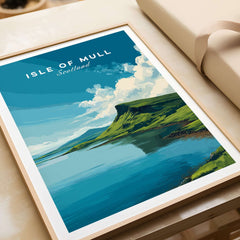 Isle of Mull Scotland Loch & Cliffside Poster - Vibrant Green Landscape Art in a framed display.