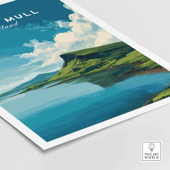 Isle of Mull Scotland Loch & Cliffside Poster - Vibrant Green Landscape Art showcasing scenic cliffs and serene waters.