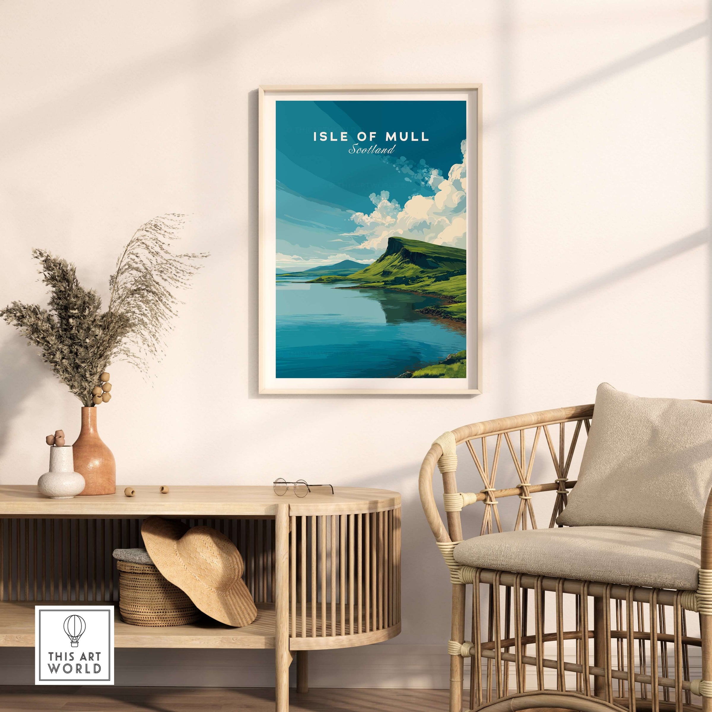 Isle of Mull Scotland Loch & Cliffside Poster - Vibrant Green Landscape Art displayed in a stylish interior setting.