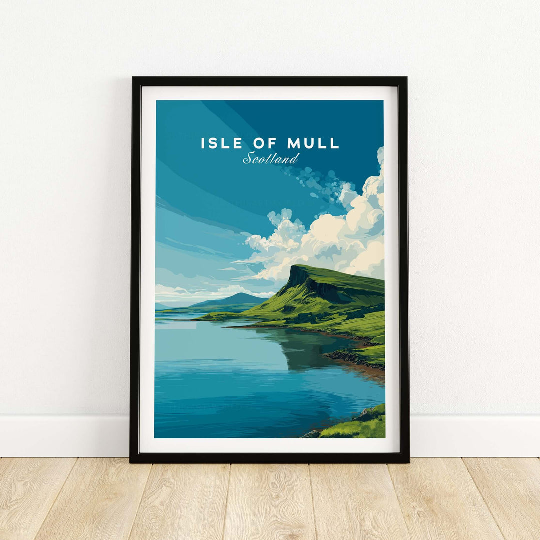 Isle of Mull Scotland poster featuring vibrant green landscapes and serene waters, framed art decor for home.