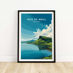 Isle of Mull Scotland Loch & Cliffside Poster - Vibrant Green Landscape Art featuring serene waters and dramatic cliffs.