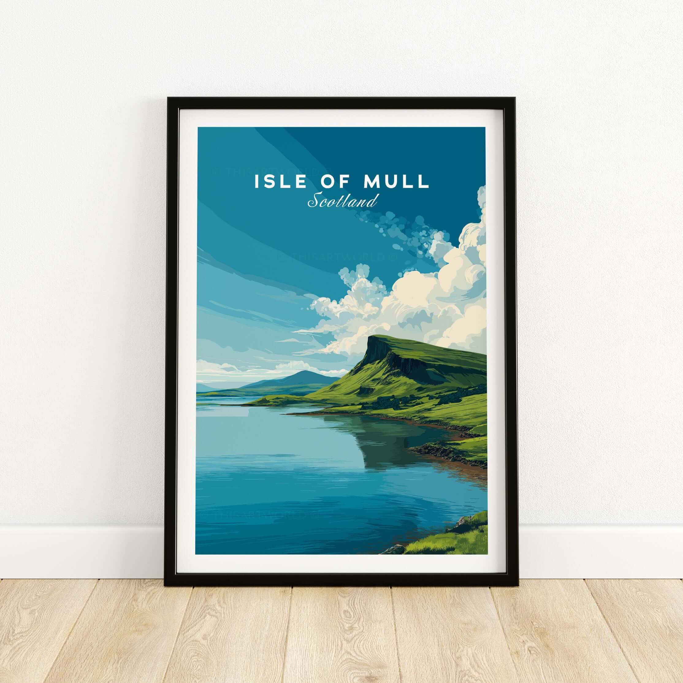 Isle of Mull Scotland Loch & Cliffside Poster - Vibrant Green Landscape Art featuring serene waters and dramatic cliffs.