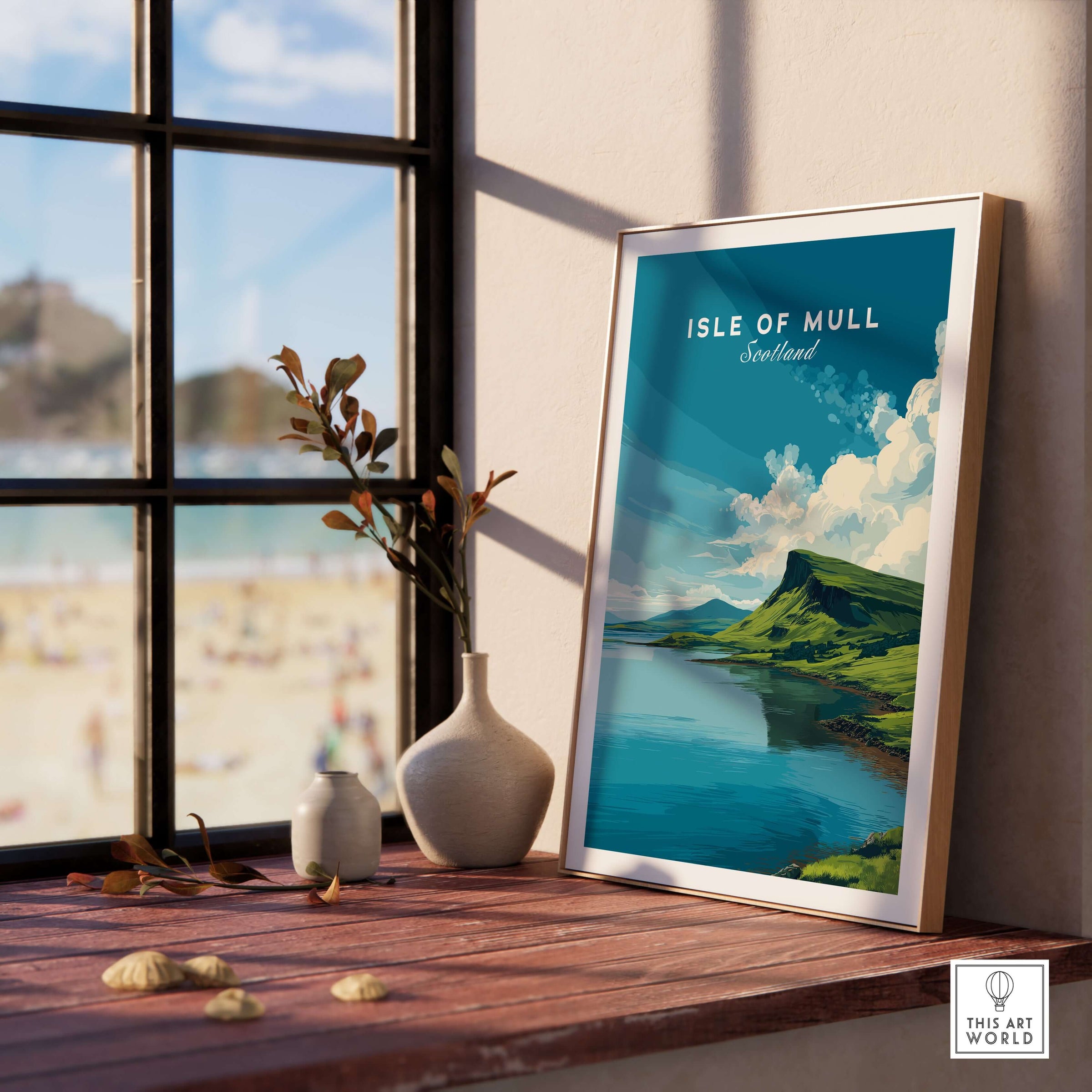 Isle of Mull Scotland Loch & Cliffside Poster - Vibrant Green Landscape Art displayed in a cozy interior setting.