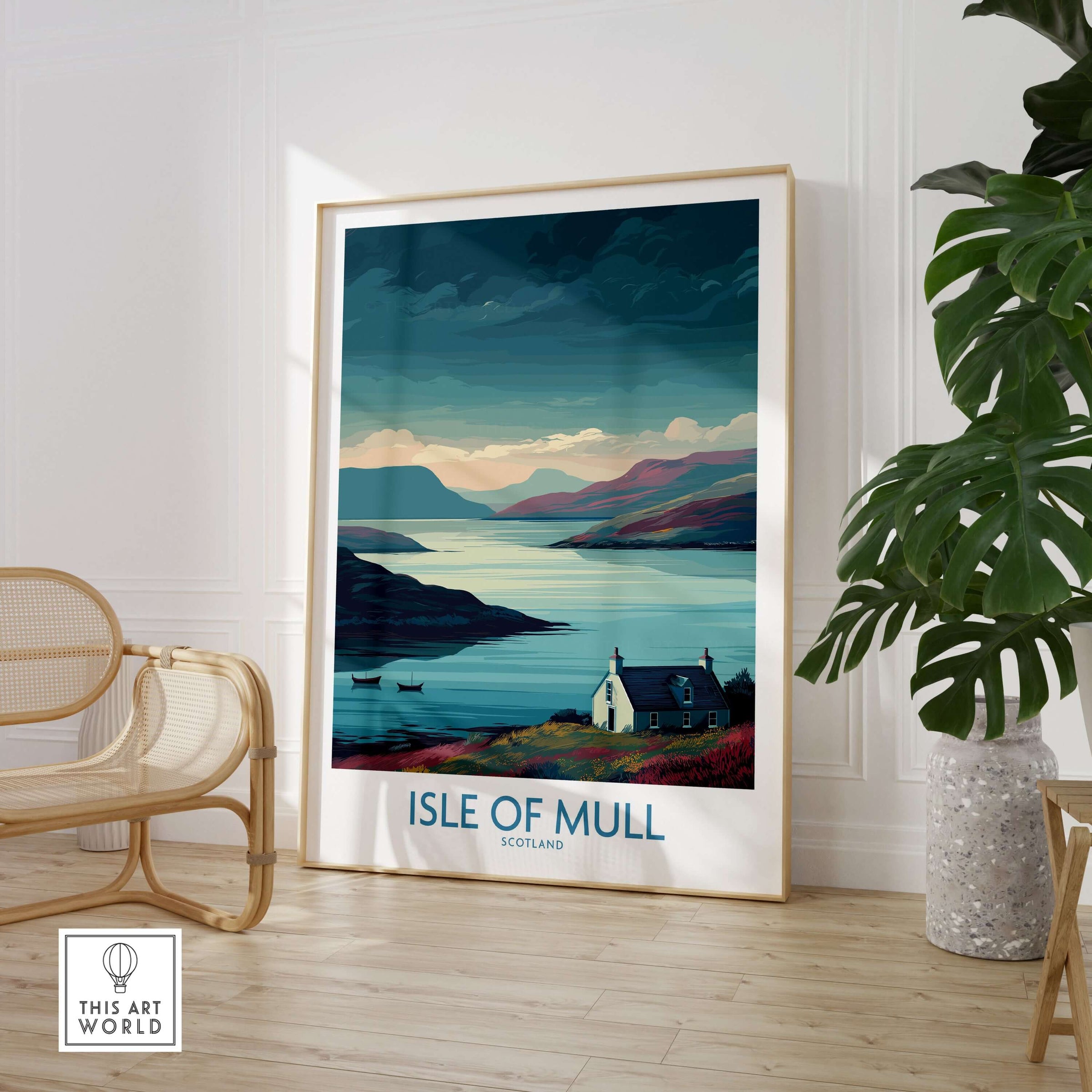 Isle of Mull Scotland Misty Landscape Wall Art - Rural Scotland Decor featuring a serene view of the Isle of Mull.