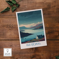 Isle of Mull Scotland Misty Landscape Wall Art - Rural Scotland Decor showcasing serene waters and hills.