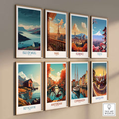 Isle of Mull Scotland Misty Landscape Wall Art - Rural Scotland Decor showcased among vibrant travel-themed prints