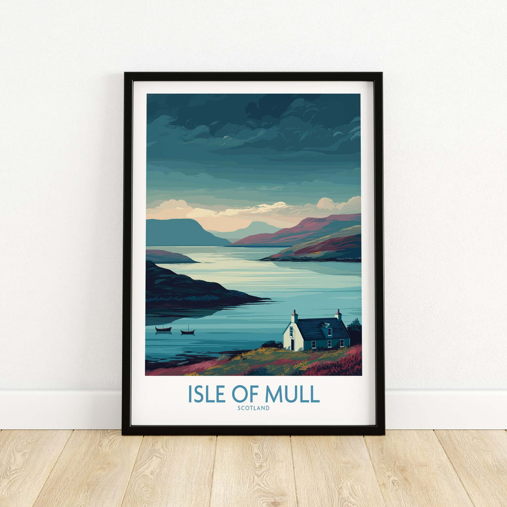 Isle of Mull Scotland misty landscape wall art showcasing serene hills and waters, ideal for rural decor.