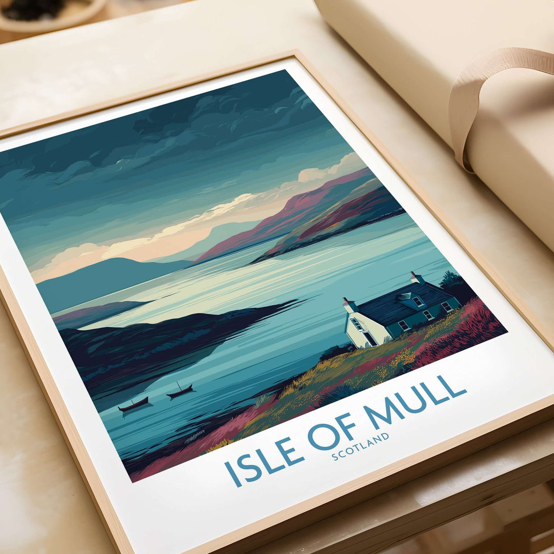 Isle of Mull wall art featuring a serene landscape with hills, water, and a tranquil cottage in Scotland.