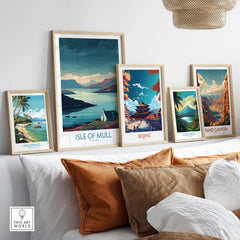 Isle of Mull Scotland Misty Landscape Wall Art - Rural Scotland Decor displayed among travel art prints.