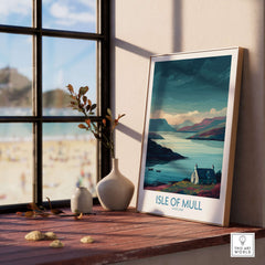 Isle of Mull Scotland Misty Landscape Wall Art - Rural Scotland Decor displayed in a cozy interior by a window.
