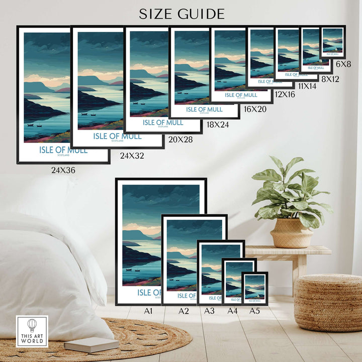 Size guide for Isle of Mull Scotland Misty Landscape Wall Art showcasing various frame sizes.