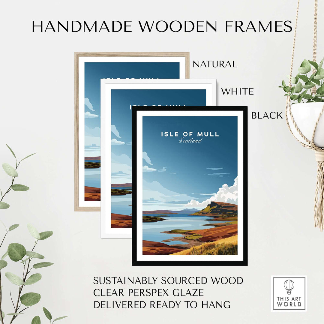 Handmade wooden frames in natural, white, and black for Isle of Mull Scotland Coastal Panorama poster, ready to hang.