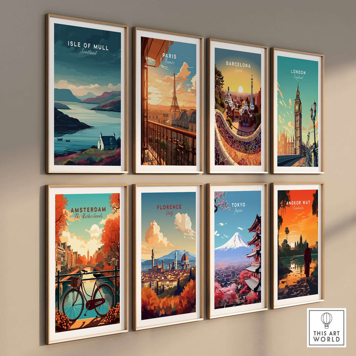 A collection of vibrant travel posters featuring the Isle of Mull, Paris, Barcelona, and more, displayed in frames.