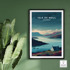 Isle of Mull Poster Scotland Print - Serene Scottish Wall Art featuring tranquil landscapes and a coastal scene.