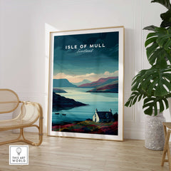 Isle of Mull Poster Scotland Print - Serene Scottish Wall Art featuring tranquil landscapes in a modern interior setting.