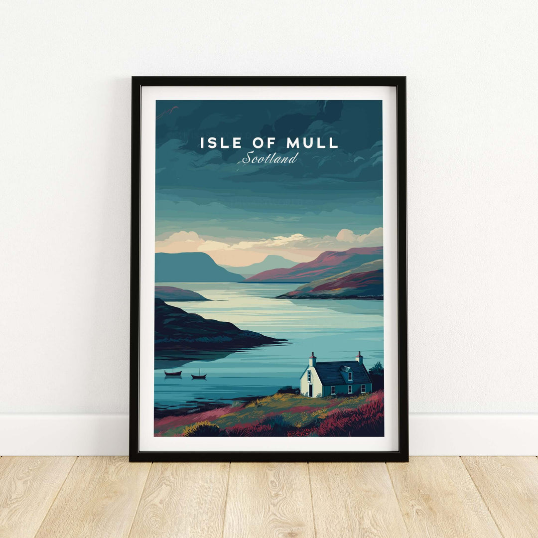 Isle of Mull poster art print featuring scenic Scottish landscape and tranquil waters, perfect for serene home décor.
