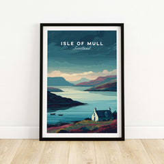 Isle of Mull Poster Scotland Print - Serene Scottish Wall Art showcasing tranquil landscapes and a serene ambiance.