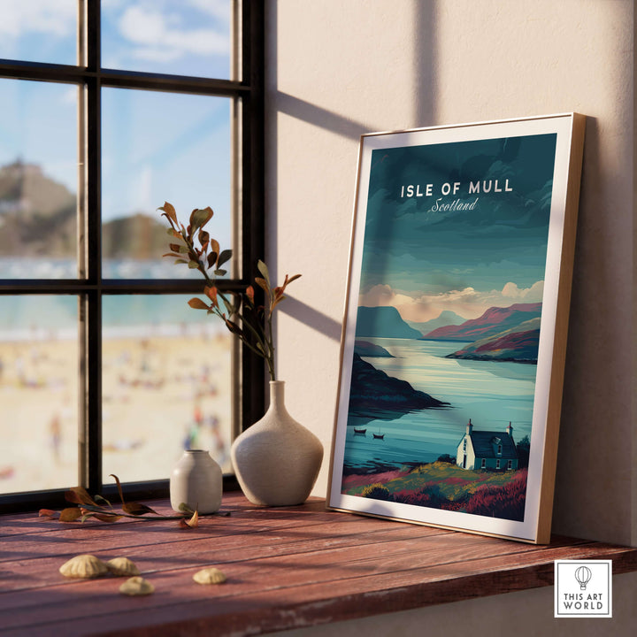 Isle of Mull poster showcasing serene Scottish landscapes, placed by a window with a decorative vase.