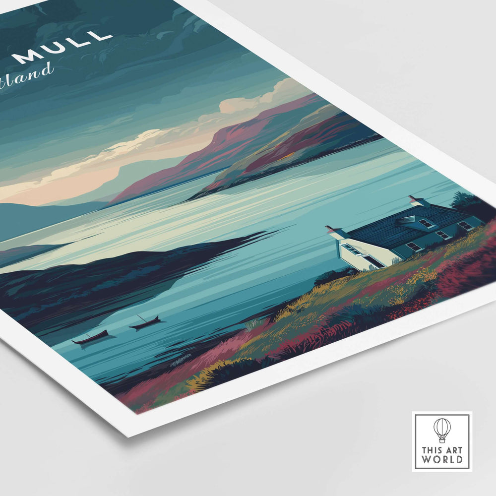 Isle of Mull poster featuring tranquil Scottish landscapes and a serene seascape, perfect wall art for relaxation.