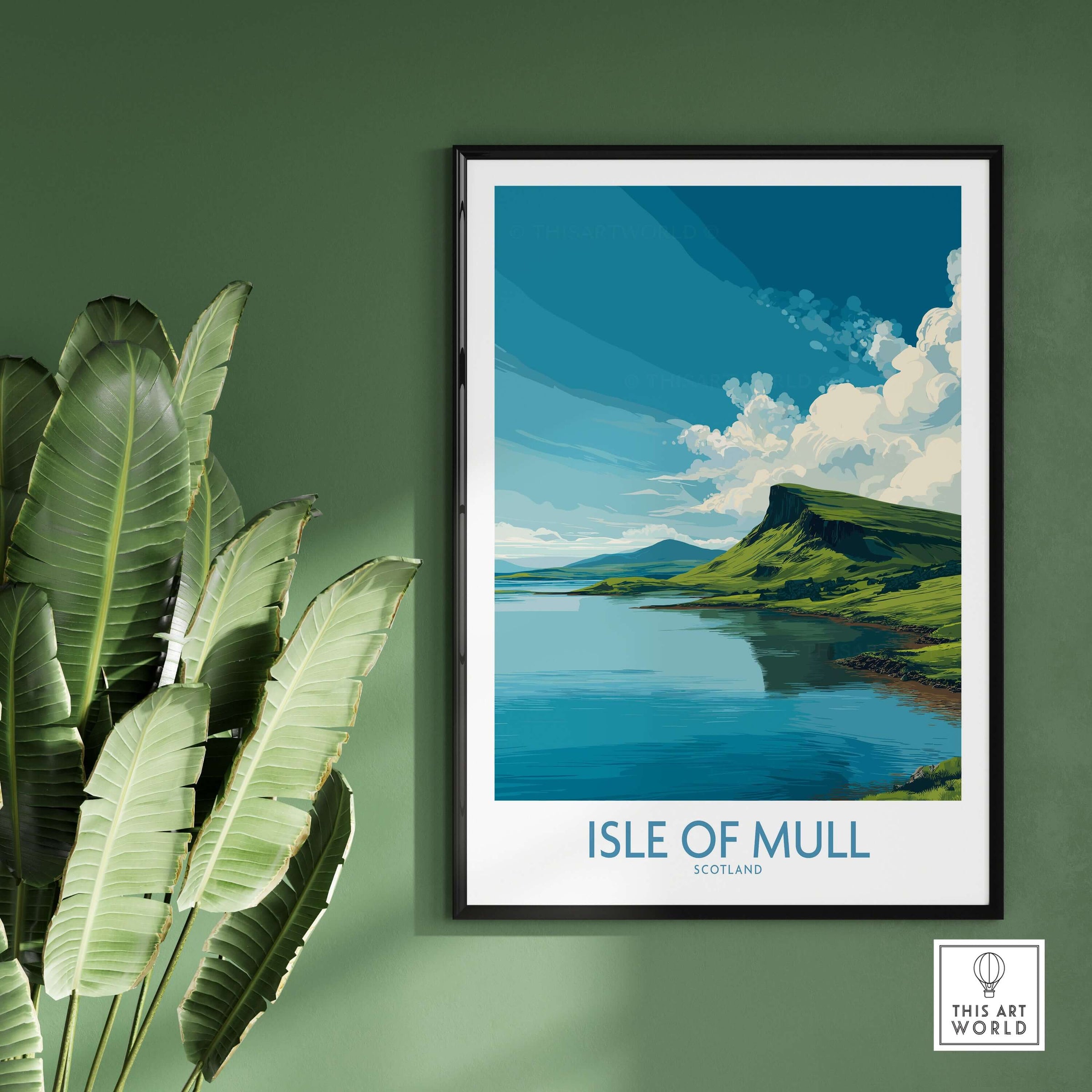 Isle of Mull Scotland Tranquil Bay Wall Art - Scottish Isle Travel Print in a stylish frame on green wall.
