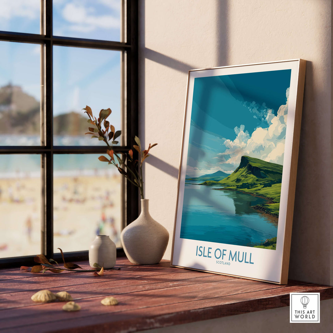 Isle of Mull Scotland travel print featuring Tranquil Bay, displayed in a bright interior with a coastal view.