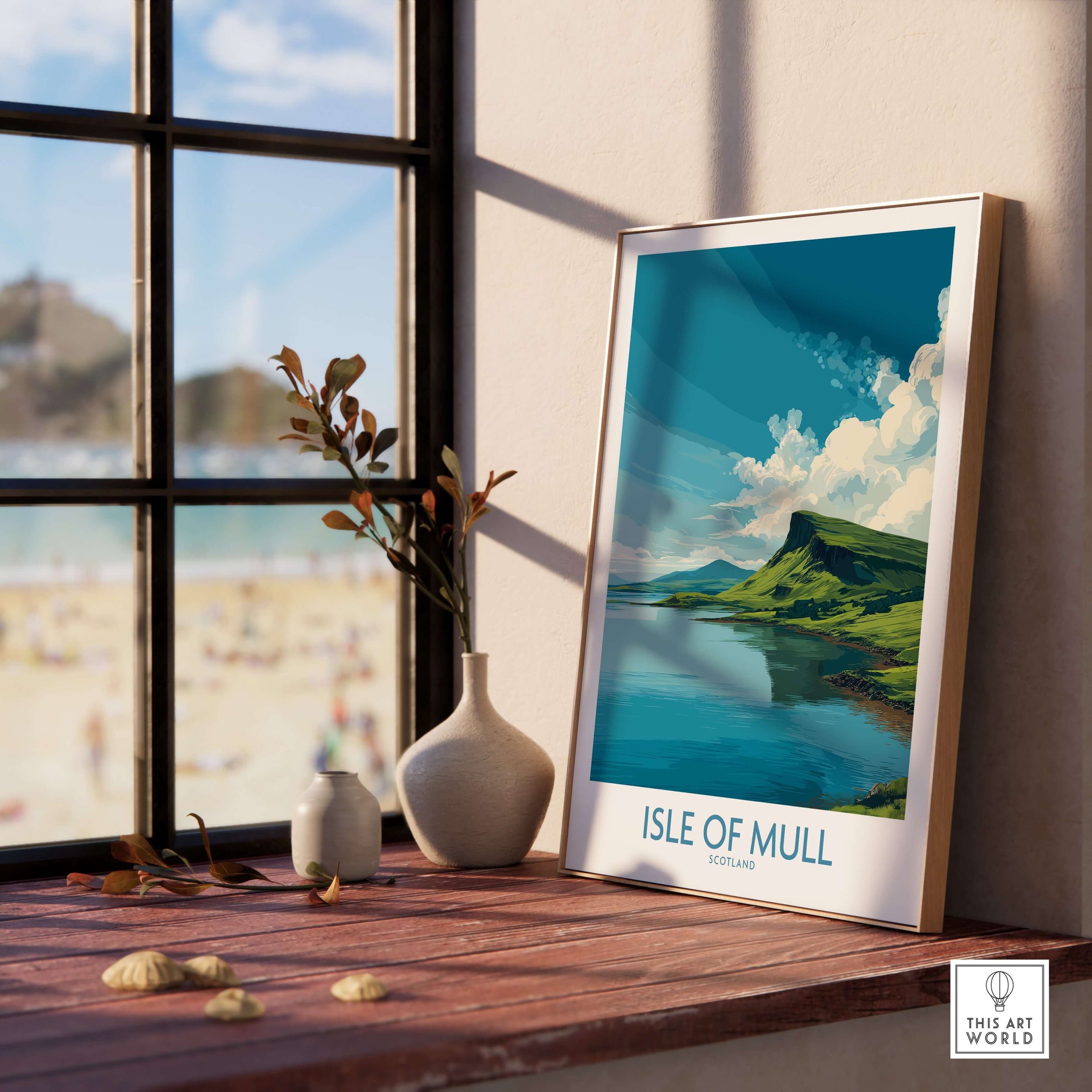 Isle of Mull Scotland Tranquil Bay Wall Art - Scottish Isle Travel Print displayed in a serene interior setting.