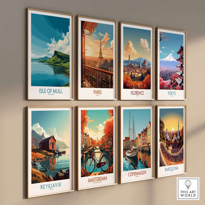 Collection of travel prints featuring landscapes of Isle of Mull, Paris, Florence, Tokyo, Reykjavik, Amsterdam, Copenhagen, and Barcelona.