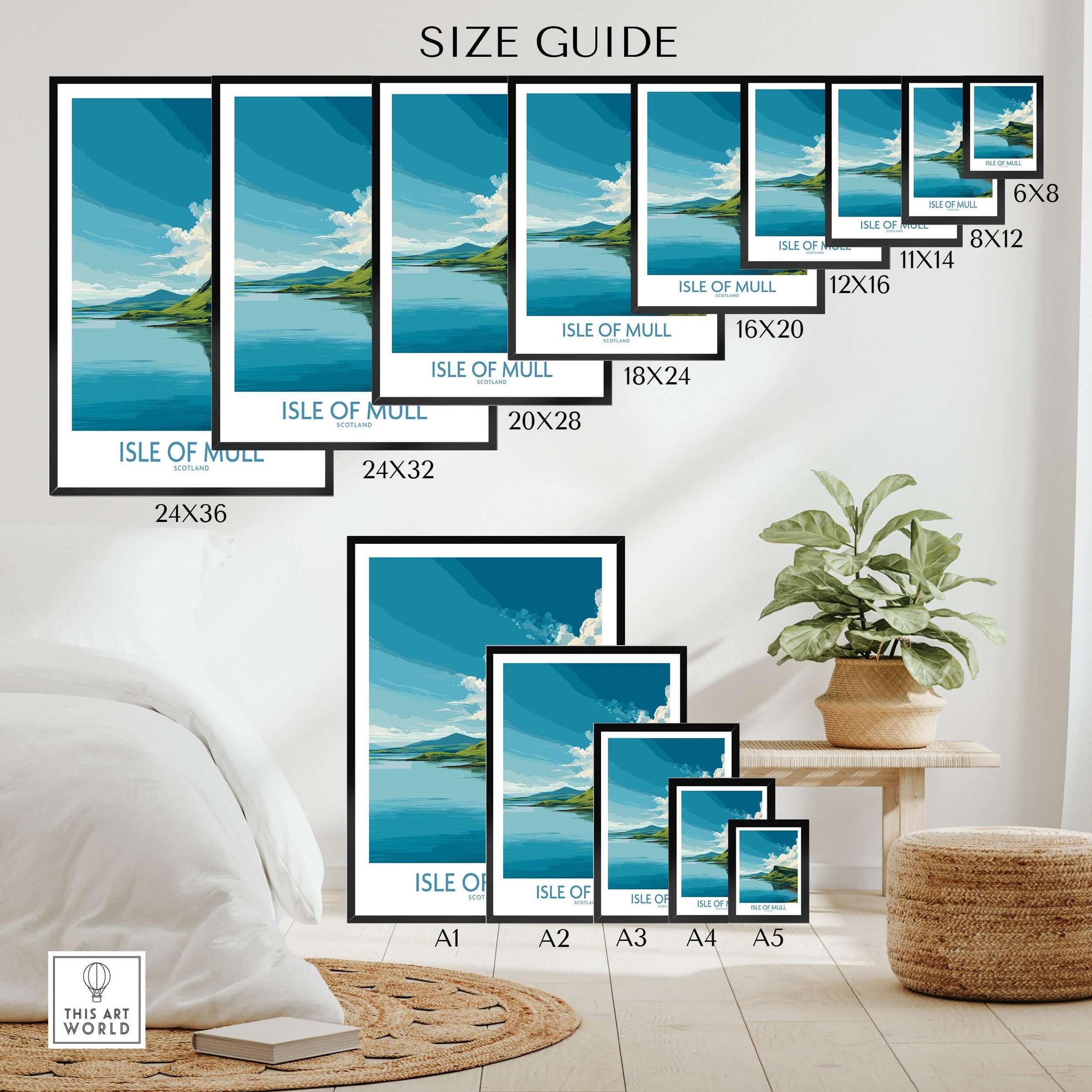 Isle of Mull Scotland Tranquil Bay Wall Art - Scottish Isle Travel Print size guide with various print dimensions.