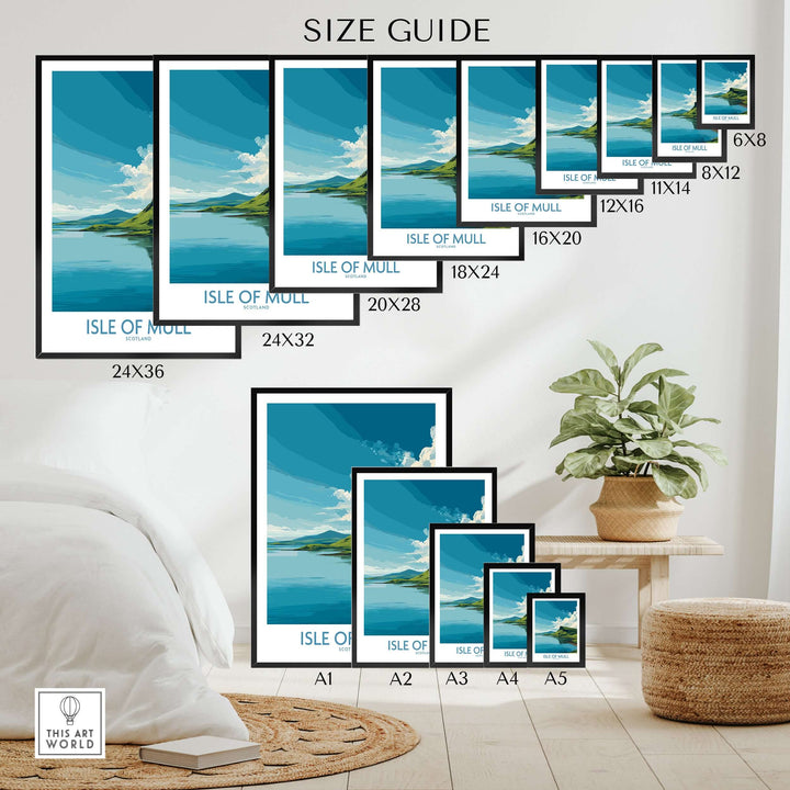 Size guide for Isle of Mull Scotland wall art prints in various dimensions, showcasing coastal beauty.